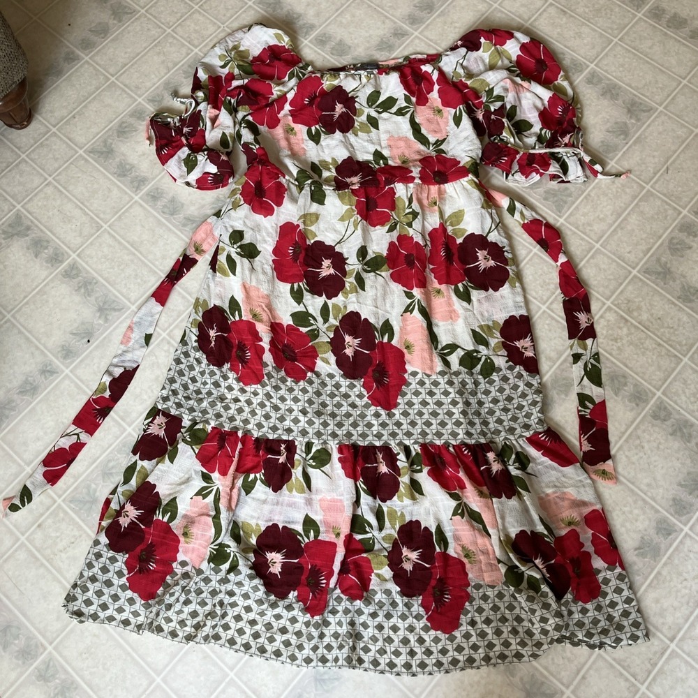Figueroa & Flower Red Green Floral Dress XL Peasant Ruffle Hem Boho Festival